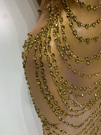 Sparkly Rhinestone Transparent Mesh Long Dress
