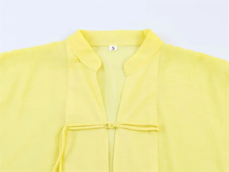 Women's Yellow Long Sleeve Shirt with Knot Decoration