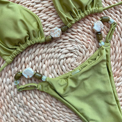 Solid Green Halter Triangle Bead String Bikini Set