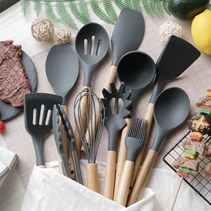 12 Piece Silicone Kitchen Utensils Set with Wooden Handle