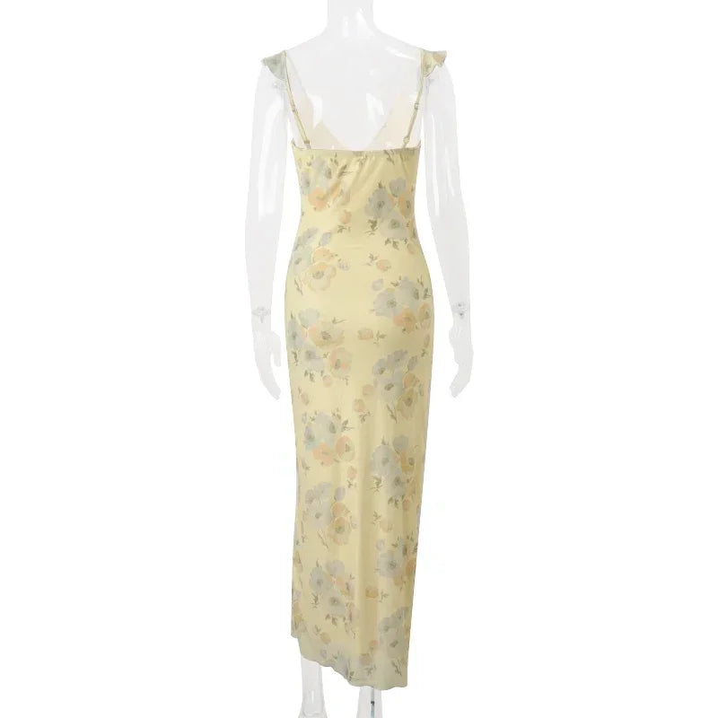 Yellow Flower Print Maxi Dress Sleeveless V Neck