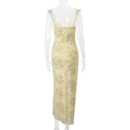 Yellow Flower Print Maxi Dress Sleeveless V Neck
