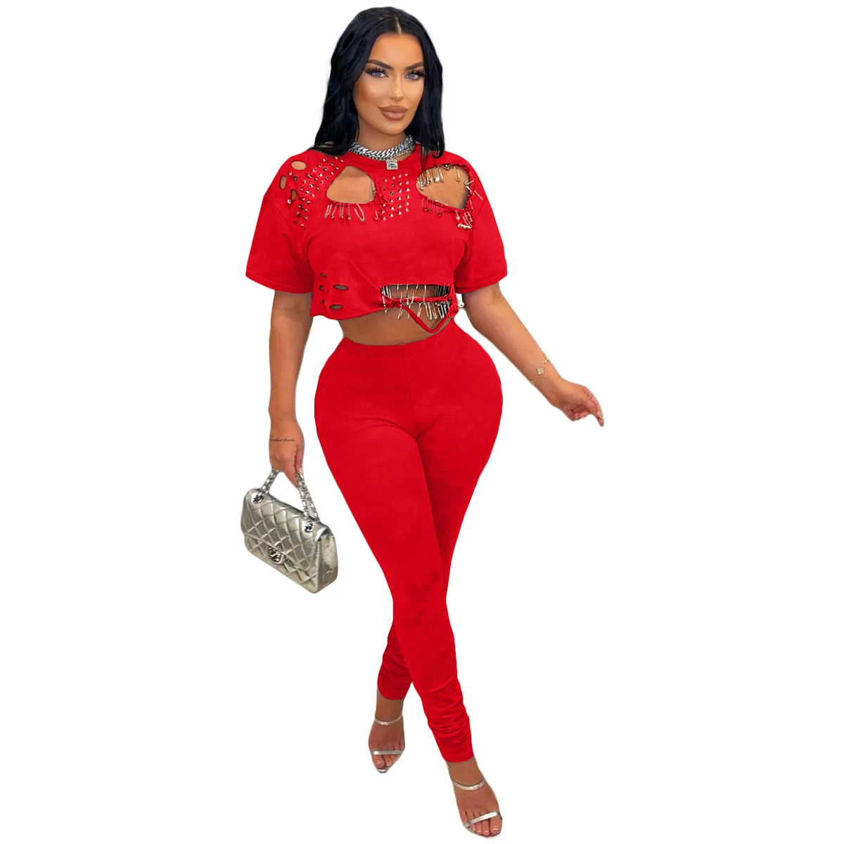 CM.YAYA Women's Hollow Out Short Sleeve Set