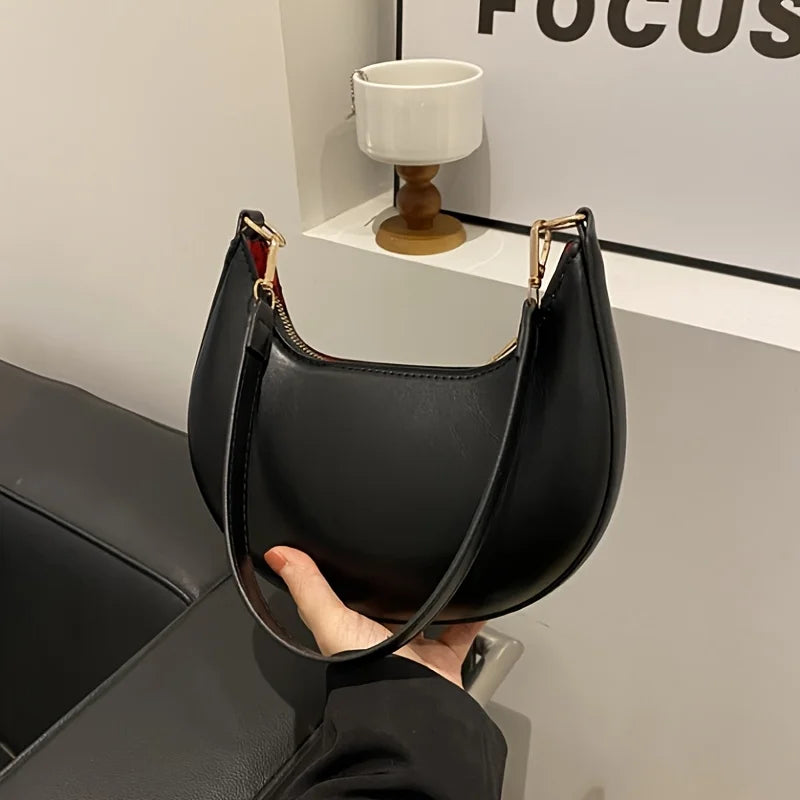Women's Moon-shaped PU Shoulder Bag with Sequined Detail