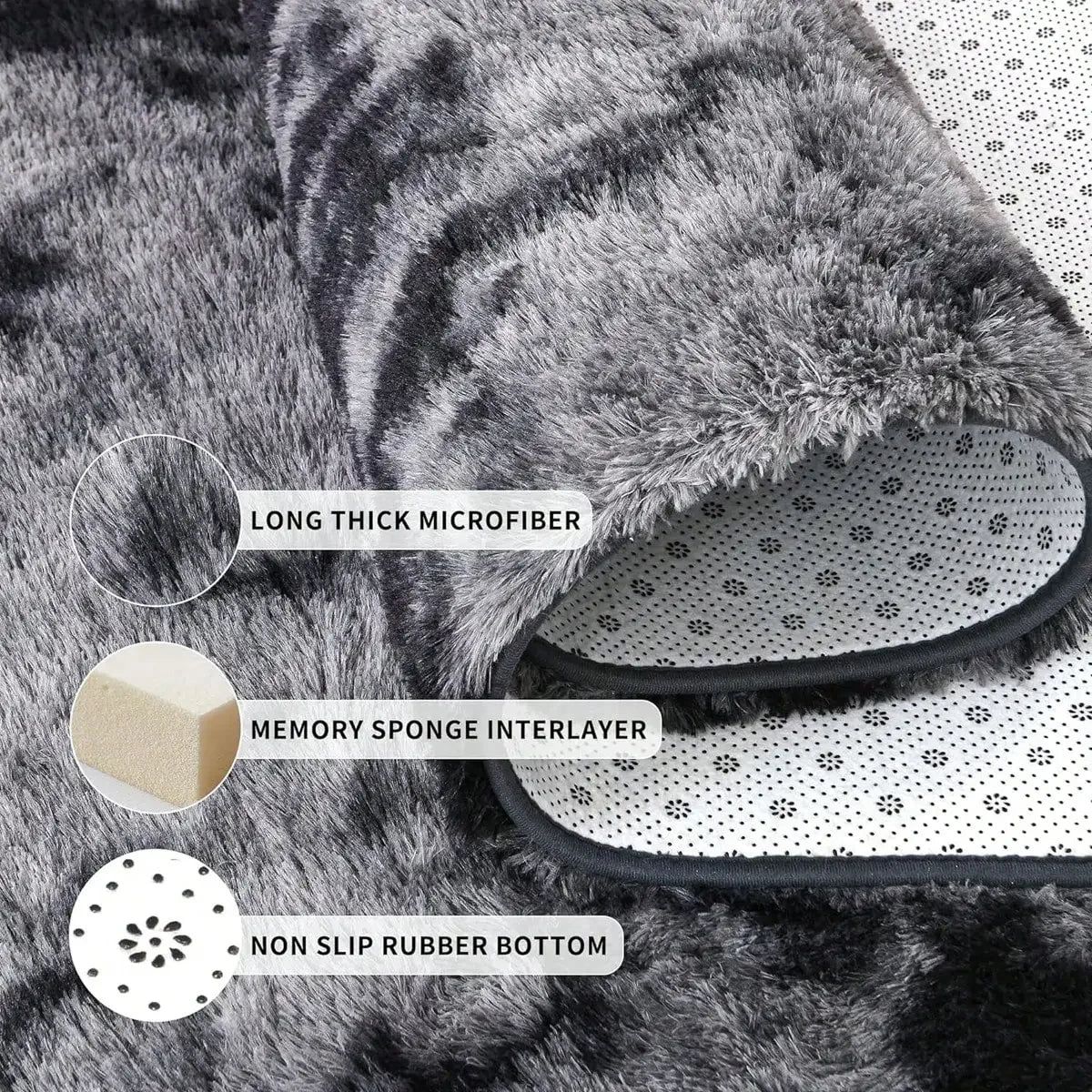 Black Plush Long-Pile Carpet, Soft Non-Slip Rug