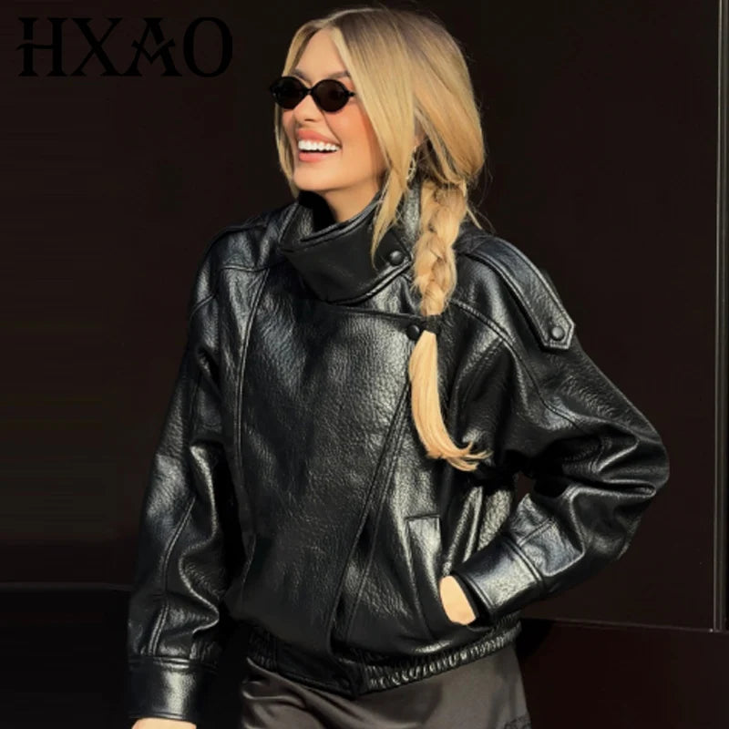 Women's Black Leather Bomber Jacket Zip-Up