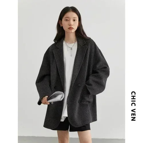 Women's Woolen Double Breasted Jacket Office Lady Outerwear