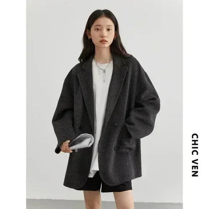 Women's Woolen Double Breasted Jacket Office Lady Outerwear