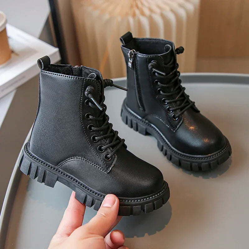 Girls Black Leather Ankle Boots with Thick Sole