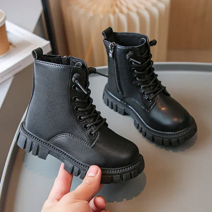Girls Black Leather Ankle Boots with Thick Sole