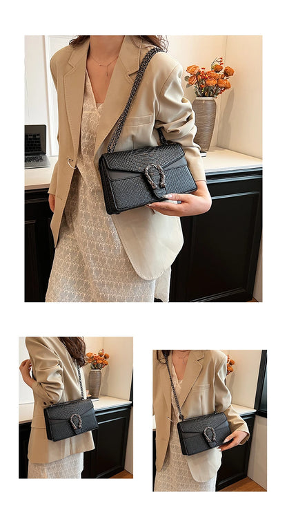 Retro Snake Pattern Chain Shoulder Bag for Women
