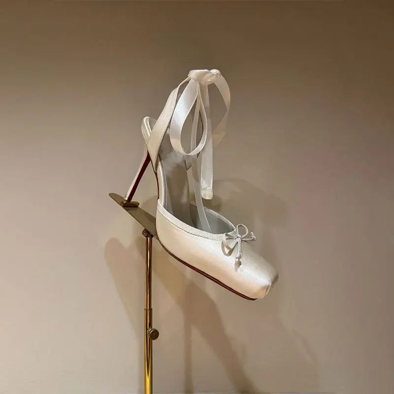 High-Heeled Satin Bow Ankle Strap Sandals for Women