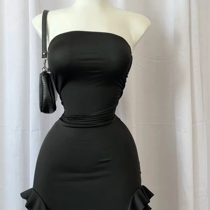 Women Strapless Floral High Slit Mini Dress Black Pink