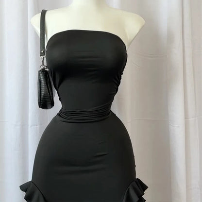 Women Strapless Floral High Slit Mini Dress Black Pink