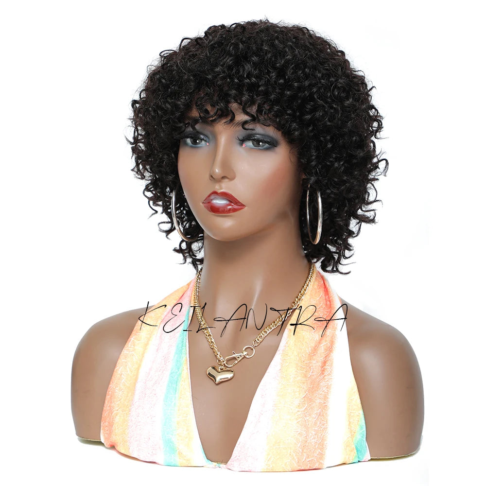 Pixie Cut Afro Curly Human Hair Wig with Bangs