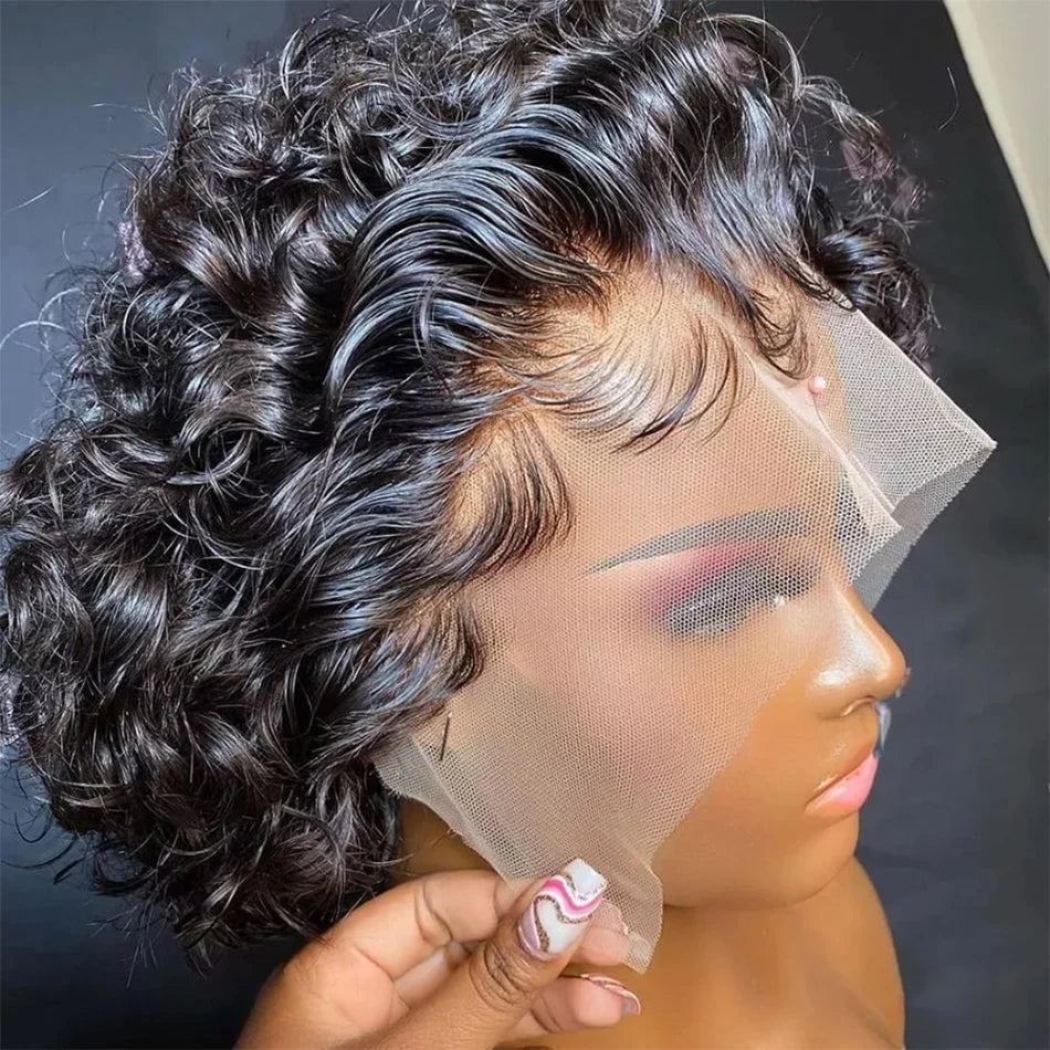 Pixie Cut Kinky Curly Bob Wig Transparent Lace Front