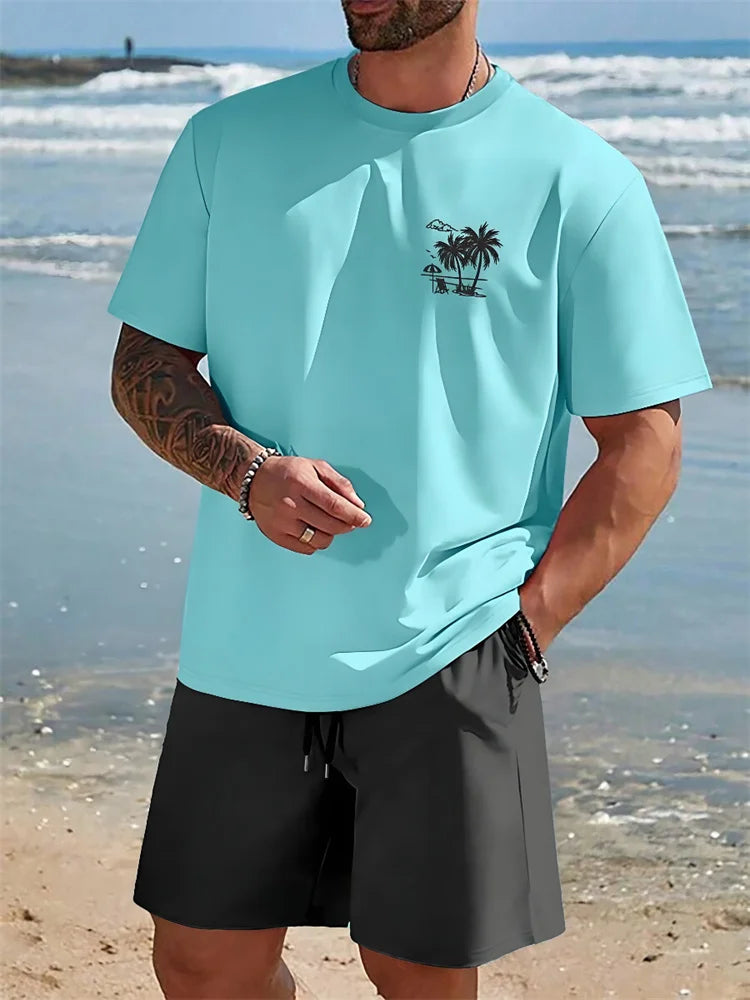 Men's Casual Hawaiian Print T-Shirt and Shorts Set
