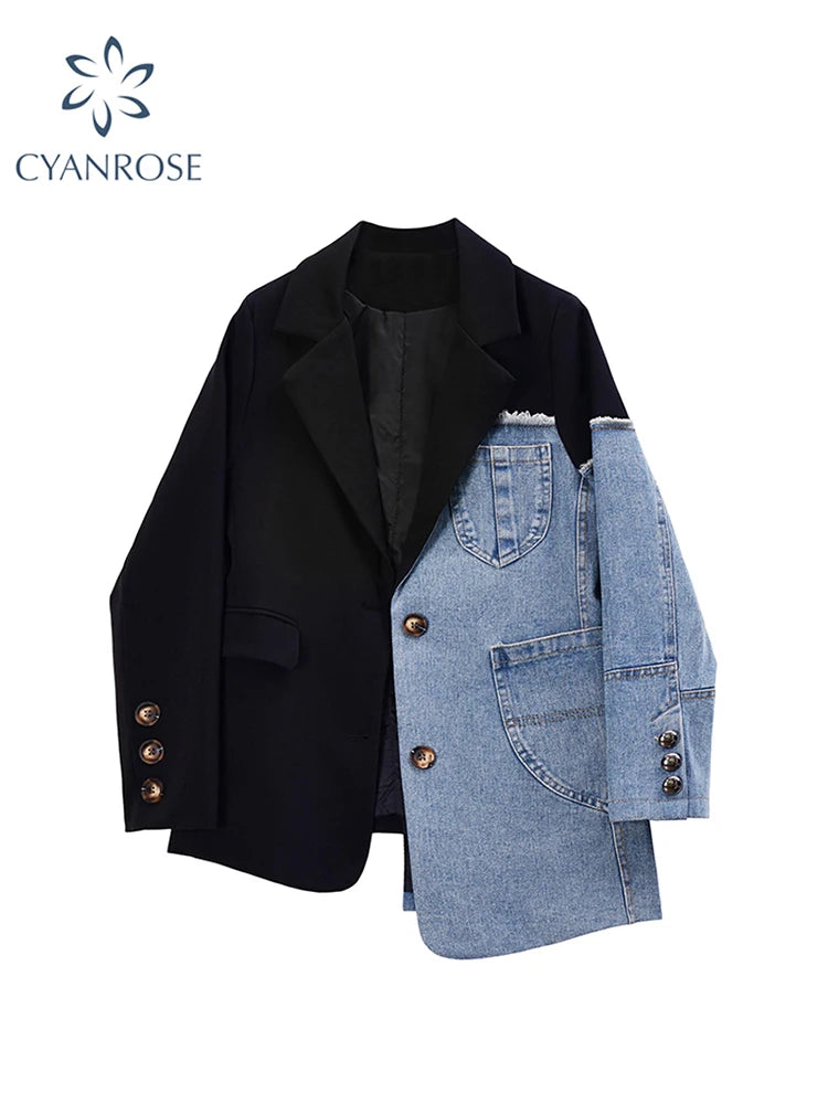 Women Vintage Denim Patchwork Blazer Coat