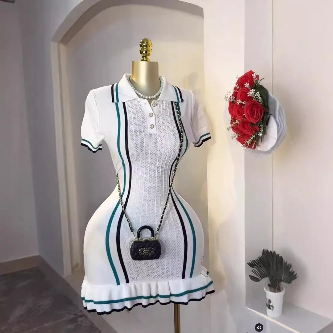 Knitted Mini Dress with Ruffles and Turn-Down Collar