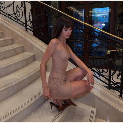 Kpop Black Hollow Out Mini Dress Women Elegant Turtleneck