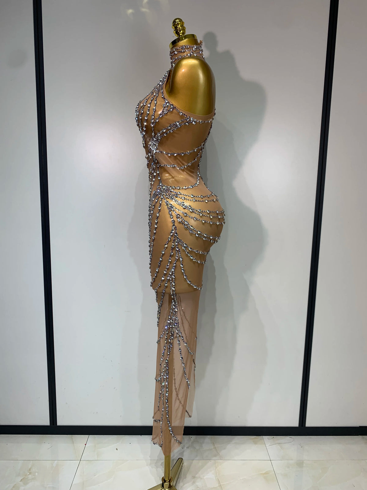 Sparkly Rhinestone Transparent Mesh Long Dress