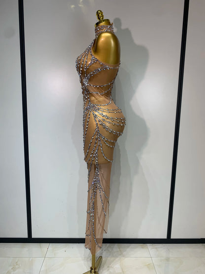 Sparkly Rhinestone Transparent Mesh Long Dress