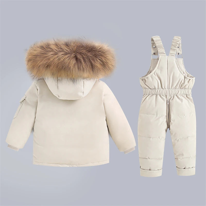 Children's Winter Down Jacket and Jumpsuit Set with Fur Collar