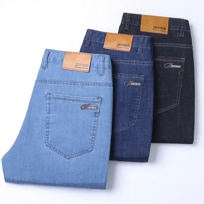 Men's Blue Straight Denim Jeans Lightweight Casual Trousers