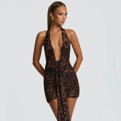 Leopard Print Halter Mini Dress for Women