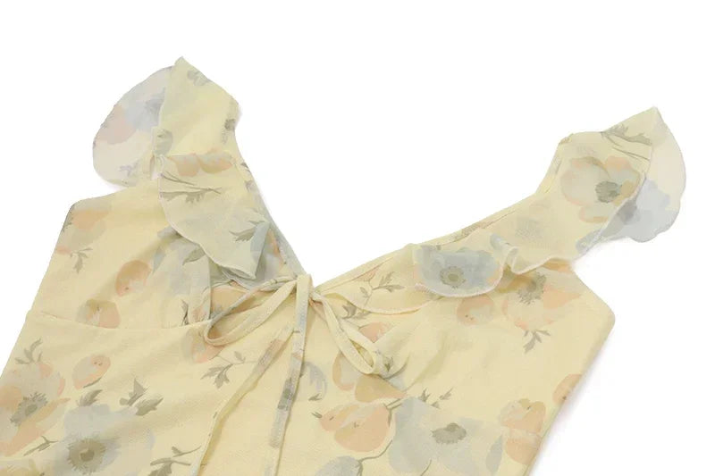 Yellow Flower Print Maxi Dress Sleeveless V Neck