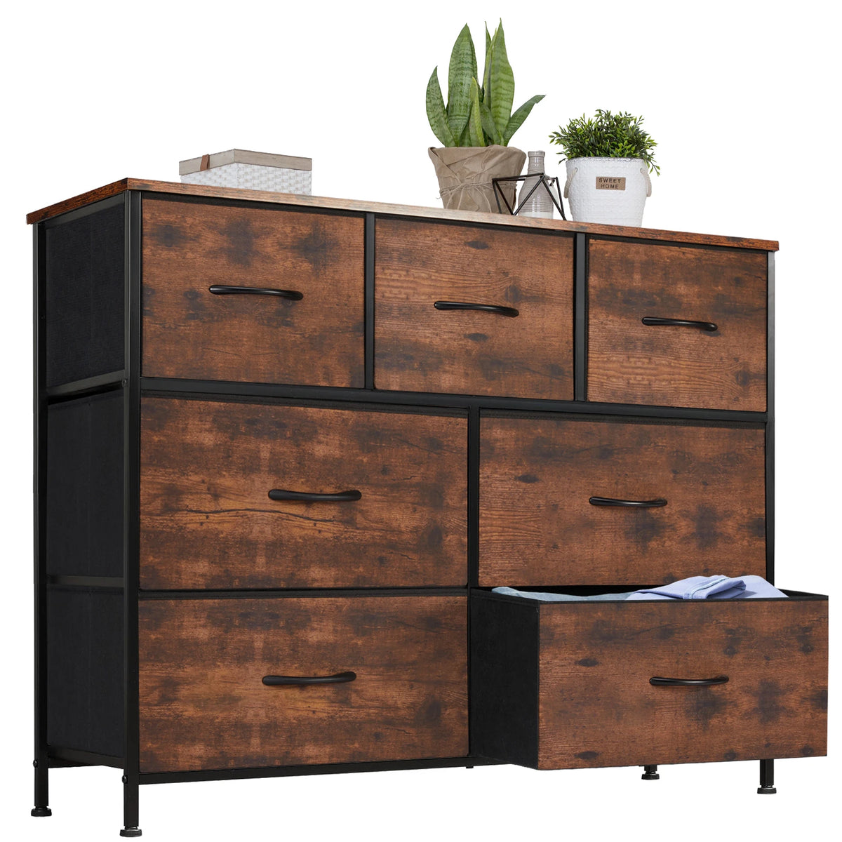 JHK Modern Wooden Dresser with 7 Fabric Drawers