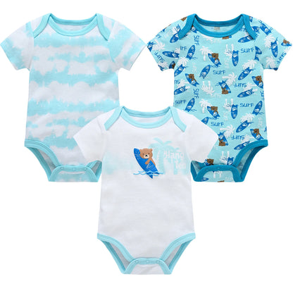 Baby Boy Summer Cotton Bodysuit Set Blue Grey Tie Print