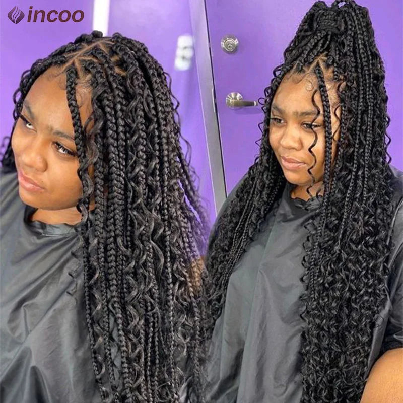 Boho Box Braided Curly Hair Full Lace Wig Burgundy