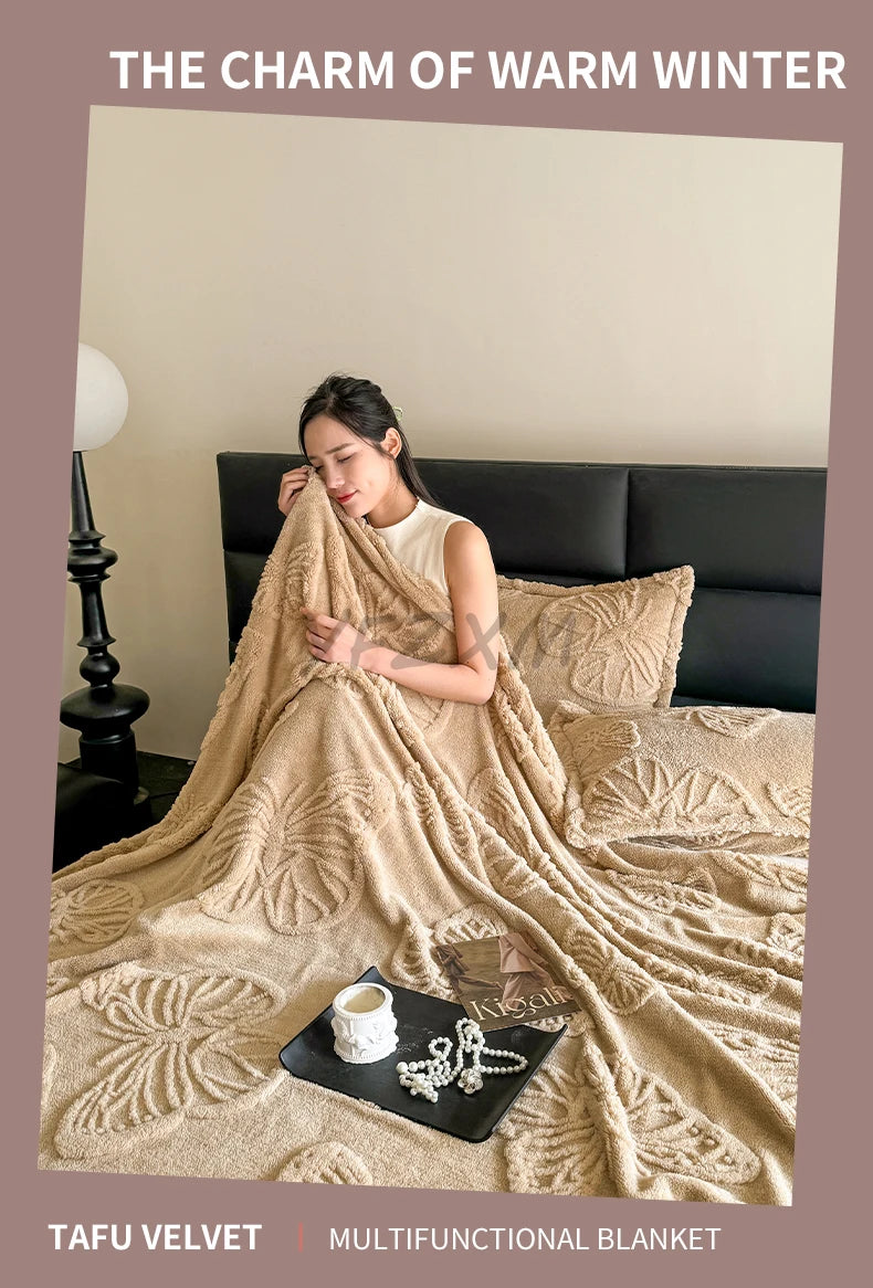 Coral Fleece Autumn Blanket with 3D Butterflies