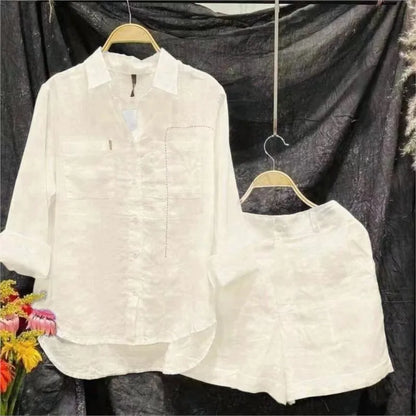 Cotton Linen Casual White Shirt and Shorts Set