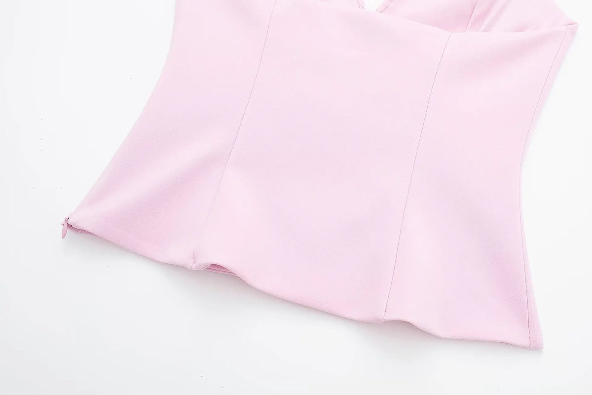Women Summer 2 Piece Set V-Neck Backless Zipper Top