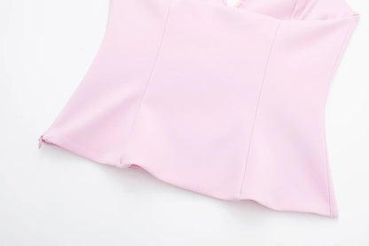 Women Summer 2 Piece Set V-Neck Backless Zipper Top