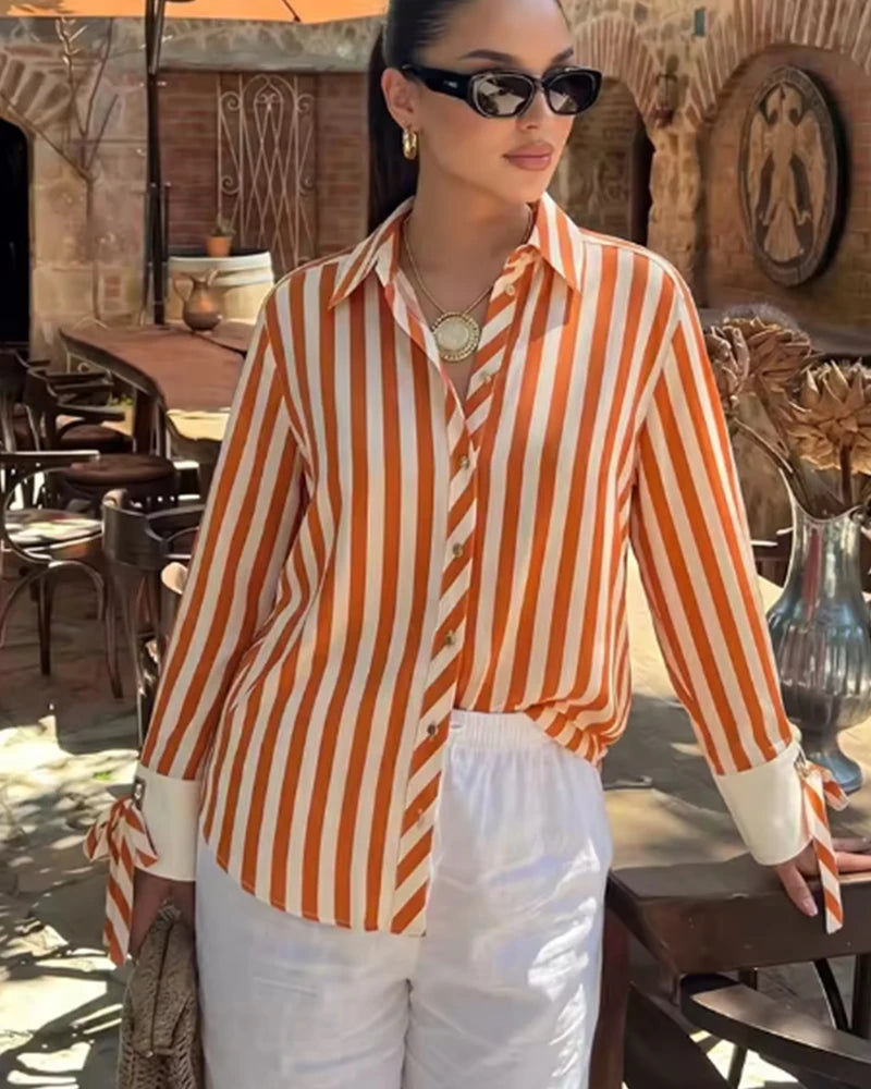 Women's Striped Bow-Tie Shirt Jacket in Polyester
