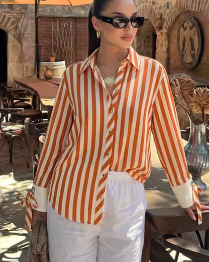 Women's Striped Bow-Tie Shirt Jacket in Polyester
