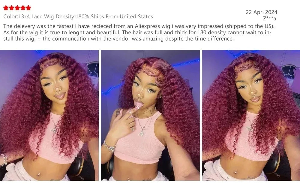 HD Transparent Lace 200 Density Deep Wave Wig 99j Burgundy