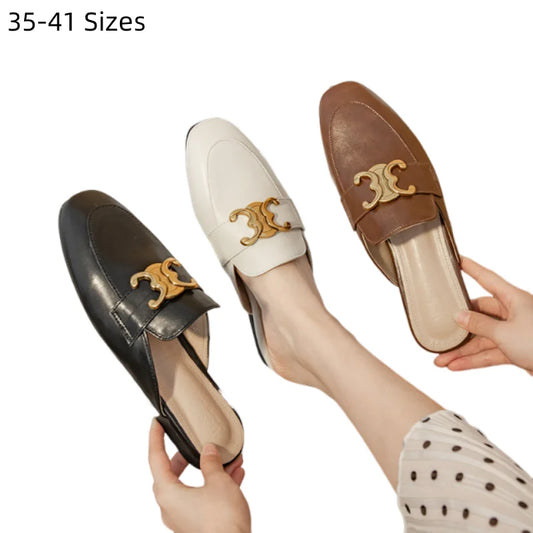 Women Square Toe PU Leather Slides in Brown Black Beige