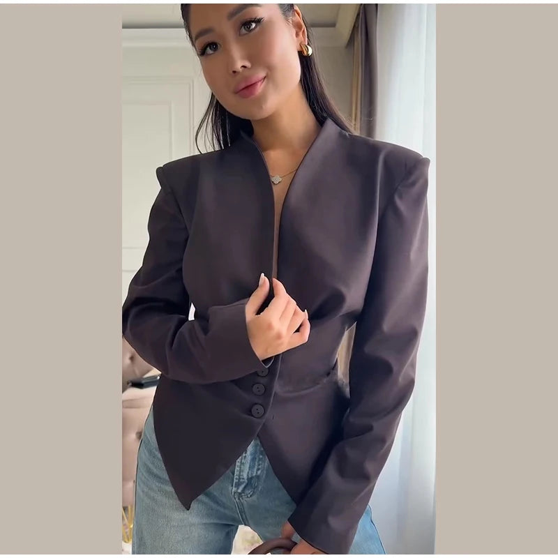Chic Waist Cinched Women's Blazer Coat with Stand Collar