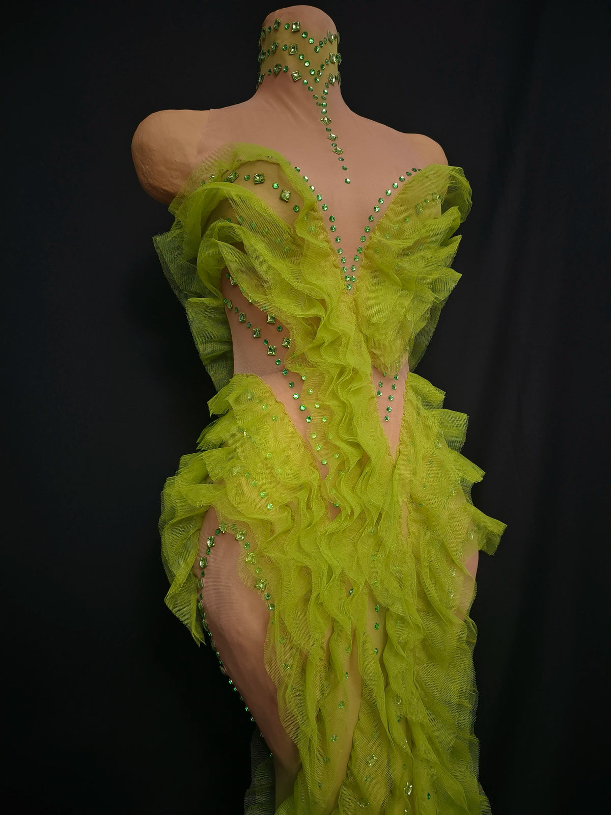 Elegant Green Rhinestones Mesh Maxi Dress