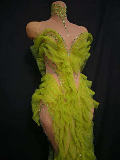 Elegant Green Rhinestones Mesh Maxi Dress