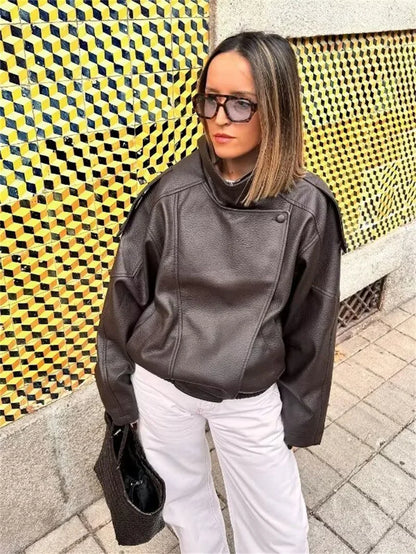 Black Long Sleeve Faux Leather Motorcycle Jacket