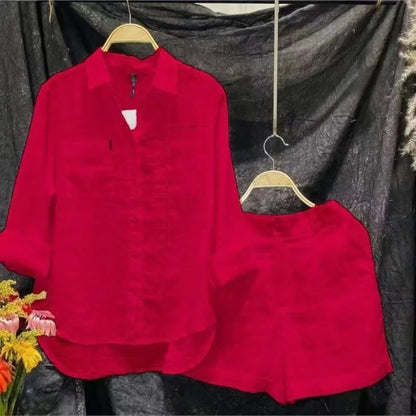 Cotton Linen Casual White Shirt and Shorts Set