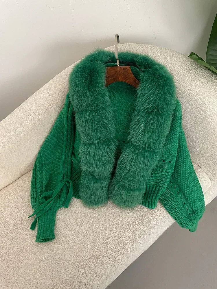 Knitted Cardigan Coat for Women with Real Fox Fur
