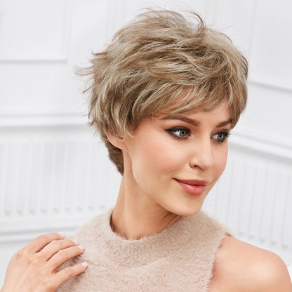 Light Blonde Mixed Off-White Pixie Cut Wig with Bangs