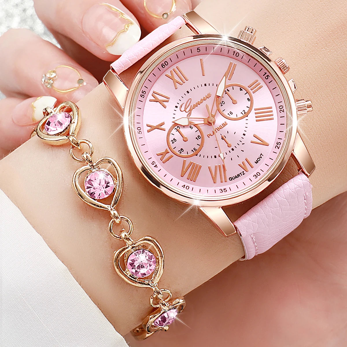 Fashion Women's Quartz Watch Leather Band Jewelry Set