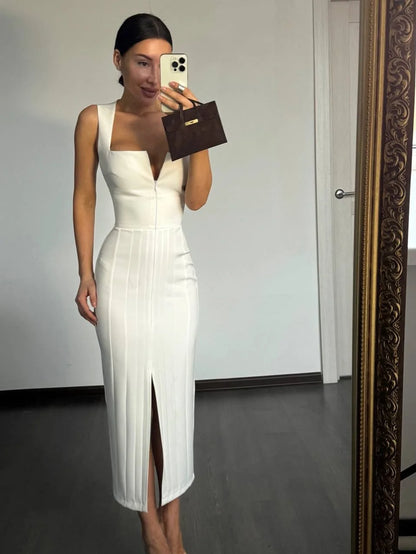 Solid Square Neck Midi Dress Women Zip Up Sleeveless